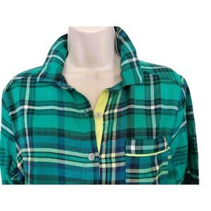 Colsie PJ Top Button Up Long Slv Night Shirt Green Plaid Flannel Womens XS NEW